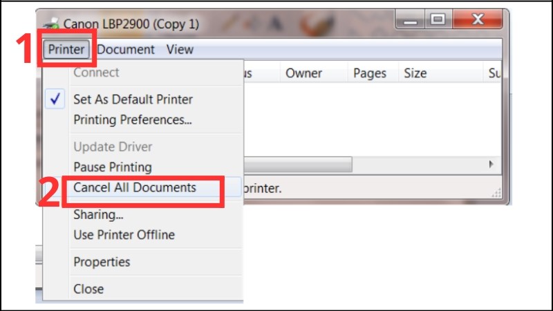 Chọn tab Printer và chọn Cancel All Documents để hủy tất cả các lệnh in