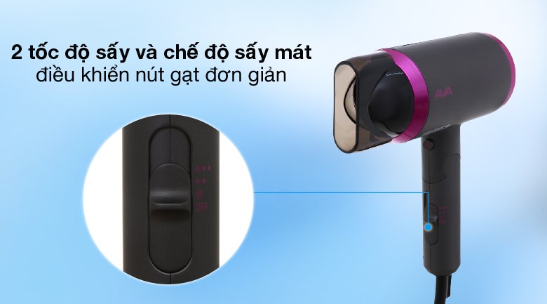 Máy sấy tóc Ava RCY-7044 được trang bị 2 tốc độ sấy và chế độ sấy mát, phù hợp với trẻ nhỏ 