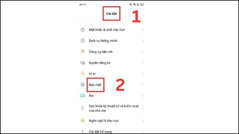 V&agrave;o ứng dụng C&agrave;i đặt > Chọn Bảo mật