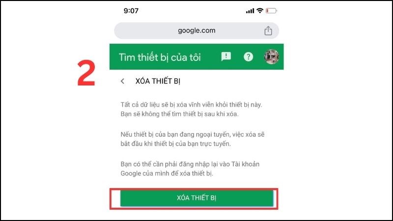 Chọn mục X&oacute;a thiết bị