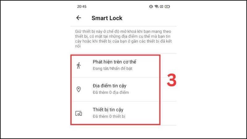 C&aacute;c tuỳ chọn ở Smart Lock