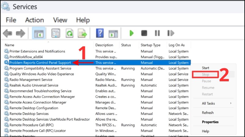 Chọn Stop để tắt Problem Reports and Solution Control Panel Support