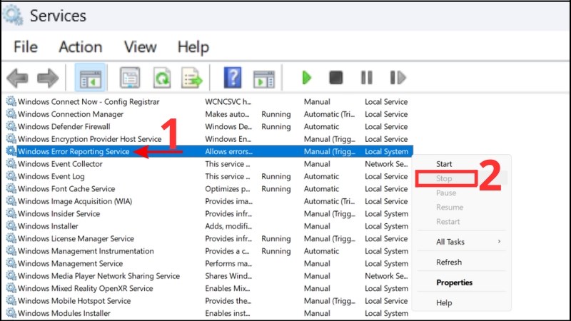 nhấn Stop để tắt Windows Error Reporting Service