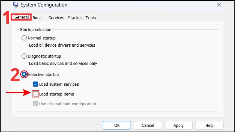 Chọn Selective startup và bỏ tích Load startup items