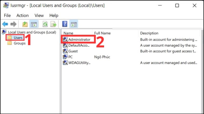 Chọn Users > Double-click vào tài khoản Administrator
