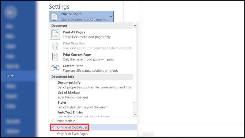 Chọn Only Print Odd Pages để chỉ in số trang lẻ