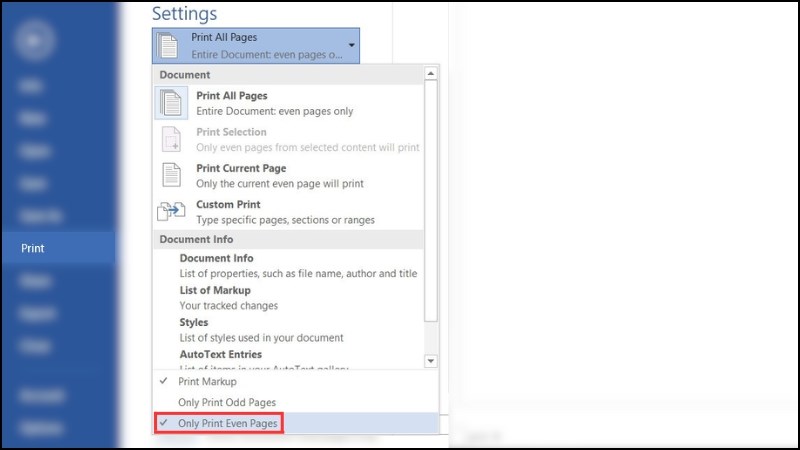 Chọn Only Print Even Pages để c&oacute; thể in số trang chẵn