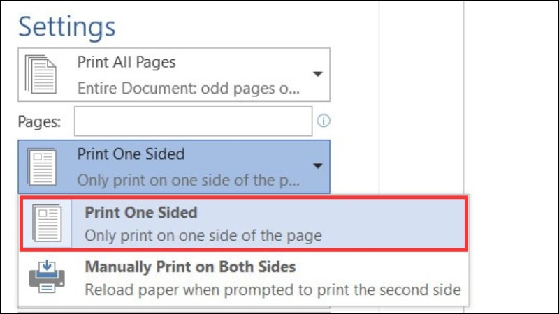 Chọn mục Print One Sidedđể in 1 mặt giấy