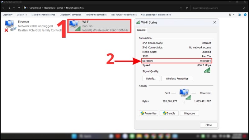 Nháy đúp vào Network adapter, thông tin của Duration sẽ cho biết thời gian hoạt động từ thời điểm kết nối mạng