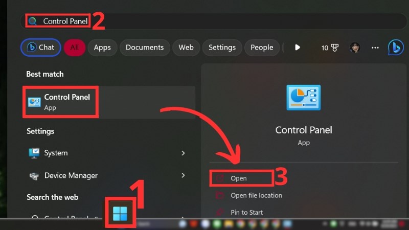 Khởi động Control Panel theo các bước như hình