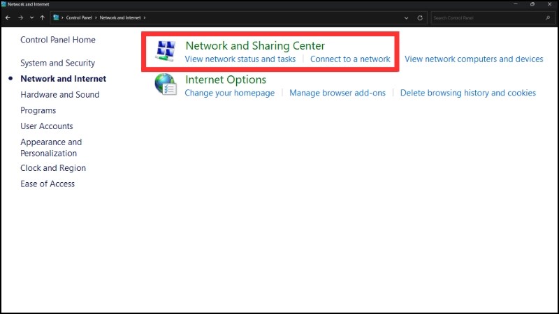 Chọn mục Network and Sharing Center