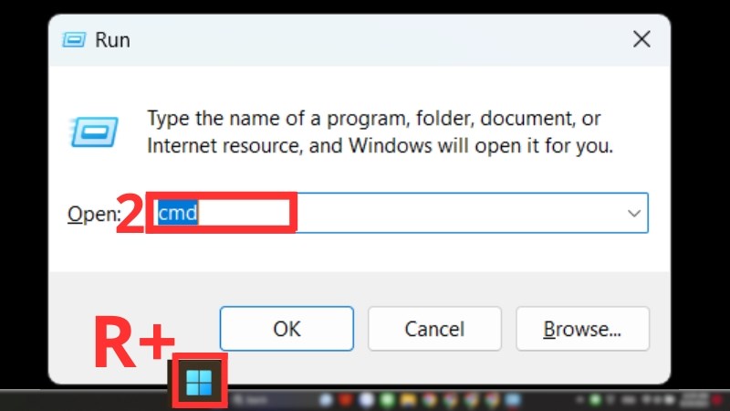 Nhấn tổ hợp phím Windows + R và nhập cmd vào ô tìm kiếm