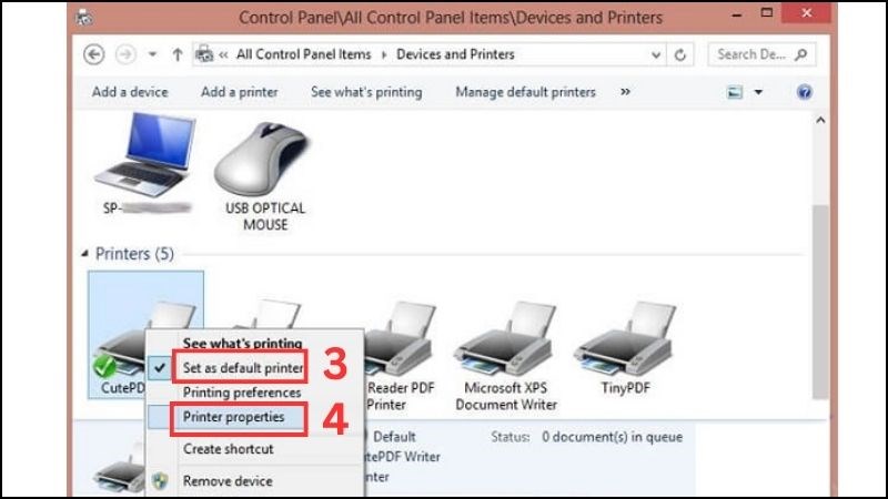 Chọn Set as default printer và Printer Properties