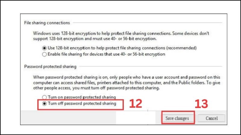Nhấn chọn Turn off password protected sharing và bấm Save changes