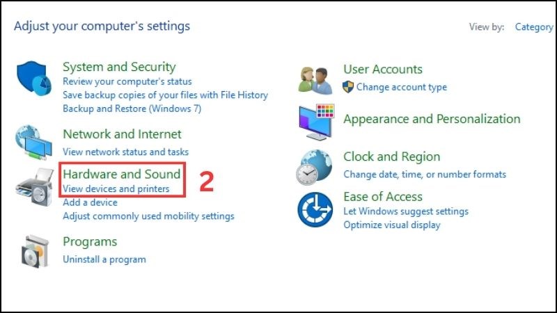 Ở phần Hardware and Sound, chọn View devices and printers