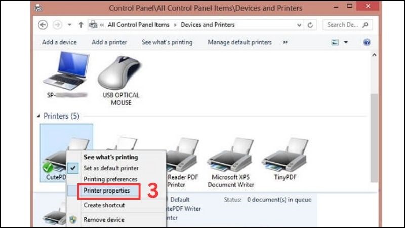 Nhấn chuột phải rồi chọn Printer properties