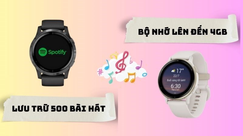 Garmin v&iacute;voactive 5 c&oacute; bộ nhớ l&ecirc;n đến 4GB c&oacute; thể lưu trữ l&ecirc;n đến 1000 b&agrave;i h&aacute;t