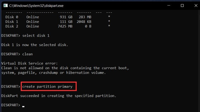 z Nhập tiếp dòng lệnh create partition primary