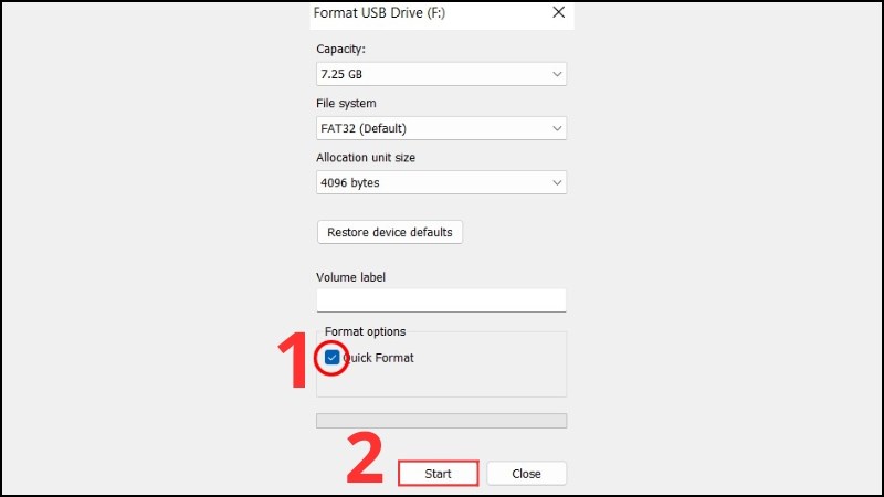 z Đánh dấu tick vào ô Quick Format > Nhấn Start