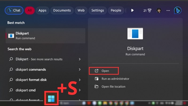 z Bấm tổ hợp phím Windows + S > Tìm Diskpart > Chọn Open