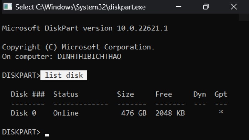 z Gõ dòng lệnh list disk > Nhấn Enter