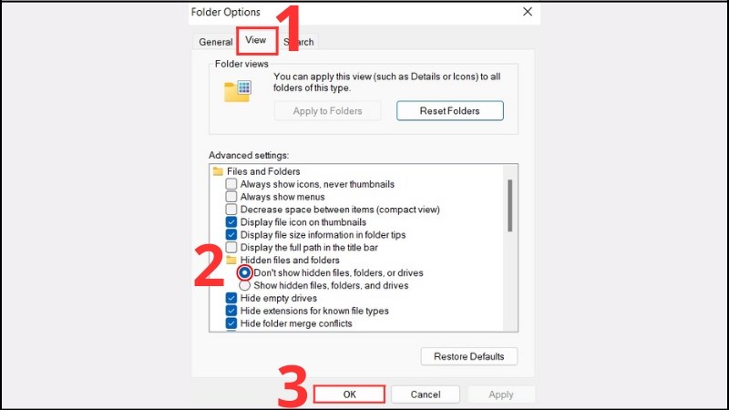 z Chọn View > Tick vào Show hidden files, folders, and drives > Chọn OK