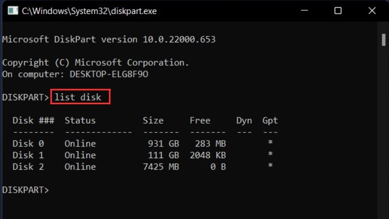 z Cắm USB vào máy > Gõ lệnh list disk > Nhấn Enter