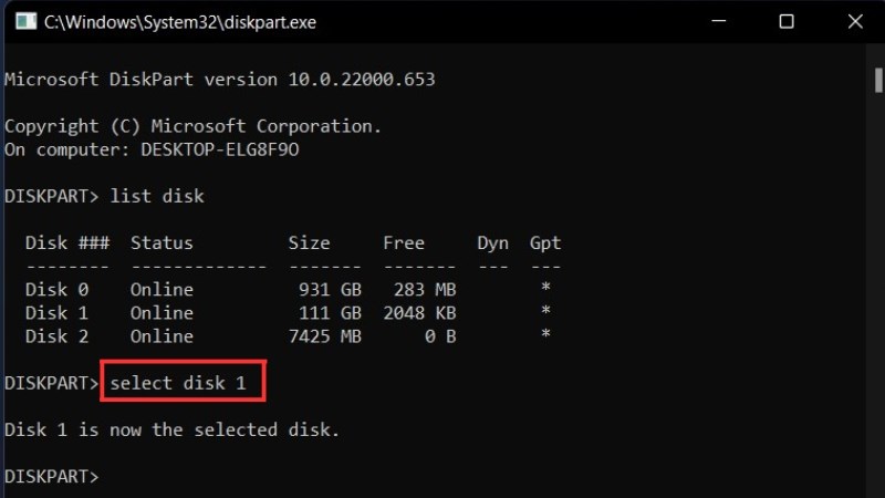 z Gõ dòng lệnh select disk #