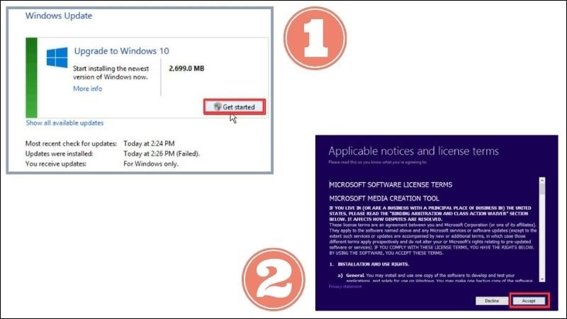 Nhấn Get Started để bắt đầu nâng cấp lên Windows 10 > Chọn Accept