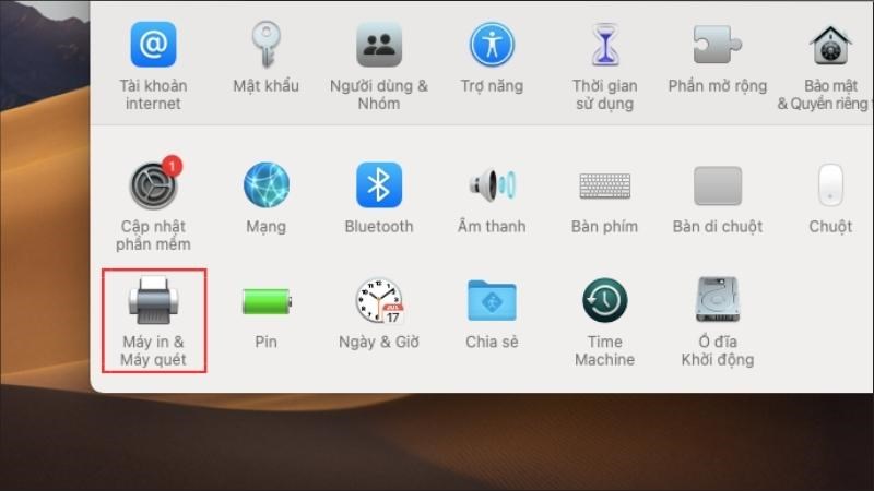 Chọn C&agrave;i đặt > Chọn mục M&aacute;y in & M&aacute;y qu&eacute;t