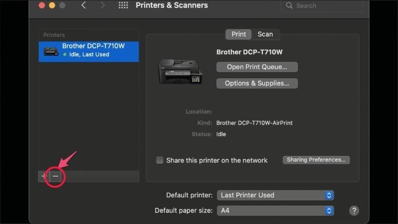 Chọn t&ecirc;n m&aacute;y in v&agrave; nhấn dấu trừ