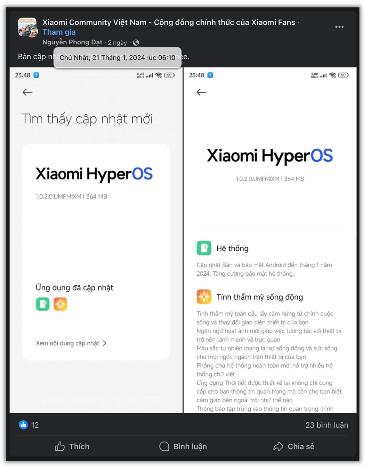 Đây là một trong số ít người dùng Xiaomi 13T nhận được bản cập nhật vá lỗi bảo mật của Xiaomi HyperOS. Nguồn: Facebook Nguyễn Phong Đạt.