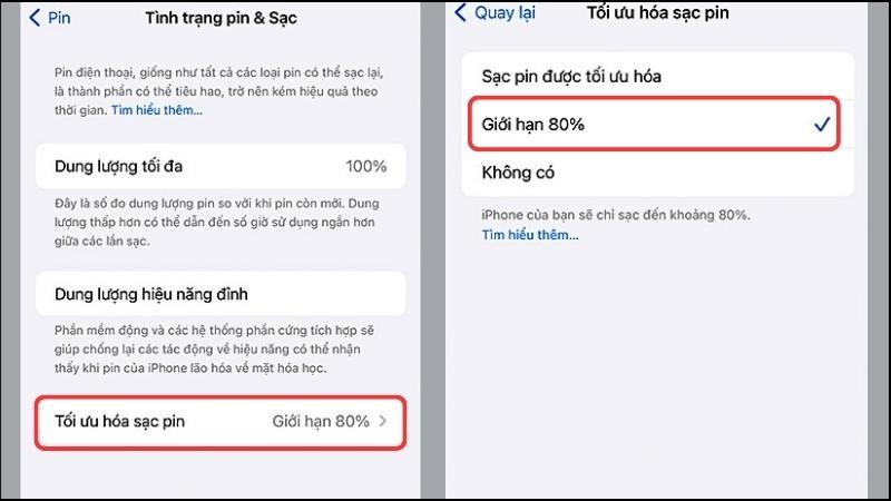 Bật t&iacute;nh năng bằng c&aacute;ch chọn Giới hạn 80%