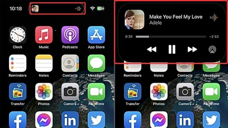 Dynamic Island hiển thị hoạt động ứng dụng phát nhạc ở chế độ nền