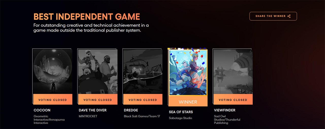 Sea Of Stars dành chiến thắng tại hạn mục Best Independent Game