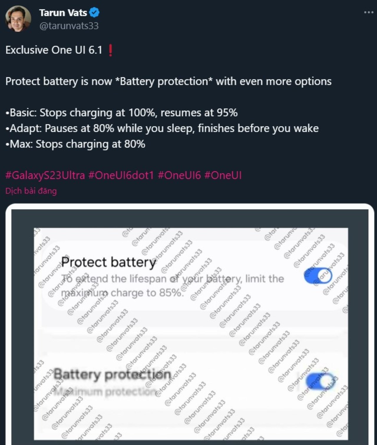 Leaker Tarun Vats chia sẻ về tính năng Protect Battery trên X