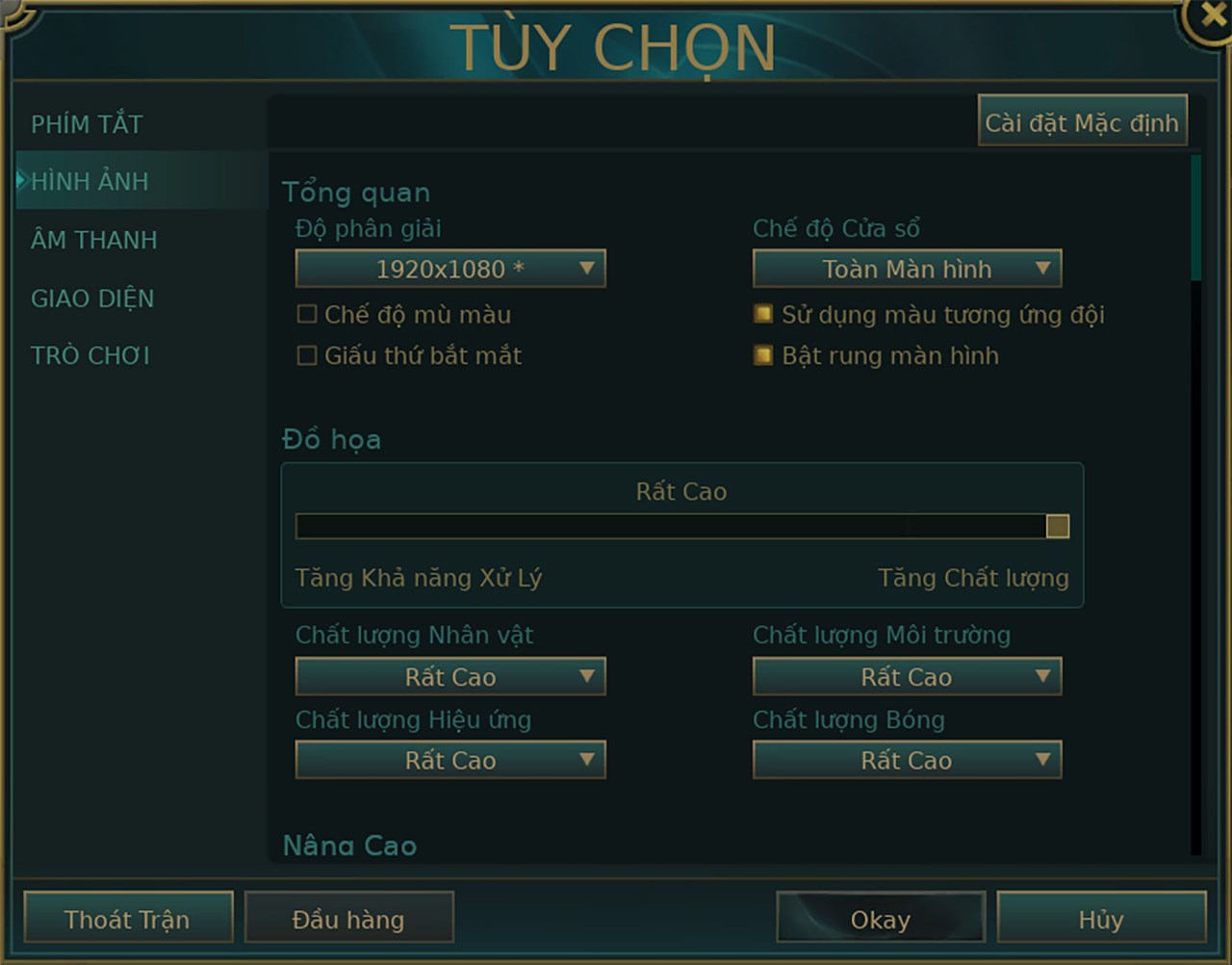 Thiết lập đồ họa Liên Minh Huyền Thoại mà mình đặt trên HP Pavilion 15 eg3095TU.