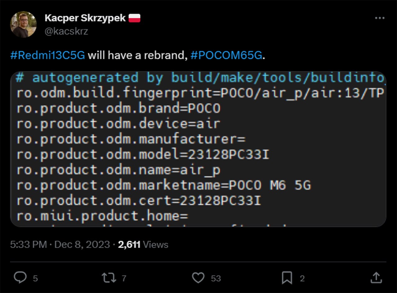 Leaker Kacper Skrzypek đã đăng tải thông tin rò rỉ về POCO M6 5G