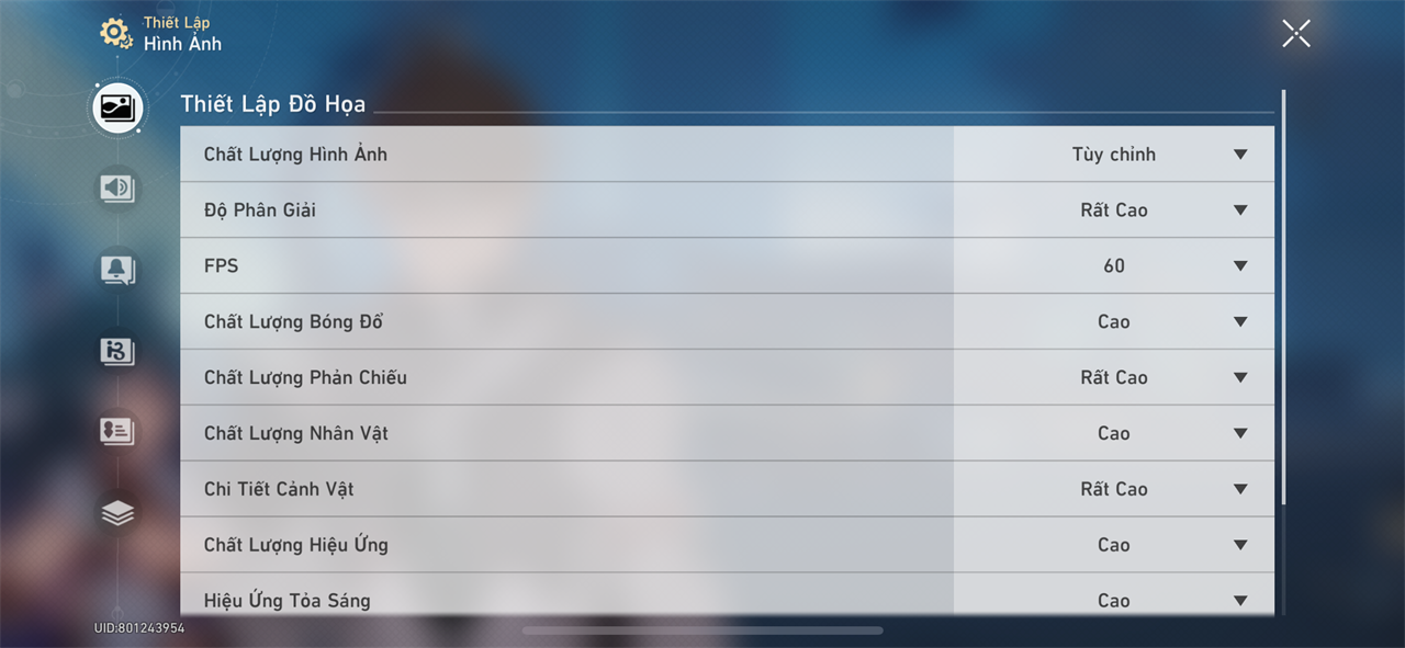 Thiết lập đồ họa Honkai: Star Rail mà mình đặt trên iPhone 13.