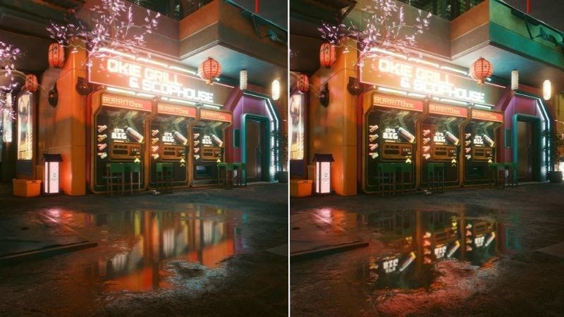 Hiệu ứng game khi kh&ocirc;ng c&oacute; Ray Tracing (b&ecirc;n tr&aacute;i) v&agrave; khi c&oacute; Ray Tracing (b&ecirc;n phải)