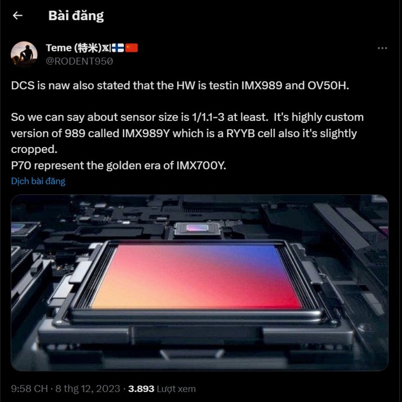 Bài viết rò rỉ về cảm biến camera trên dòng Huawei P70