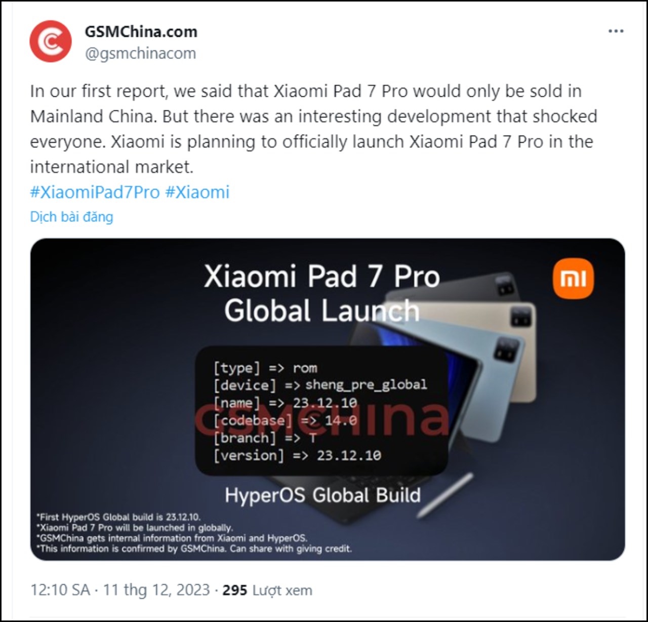 Bài viết của GSMChina trên X (Twitter)