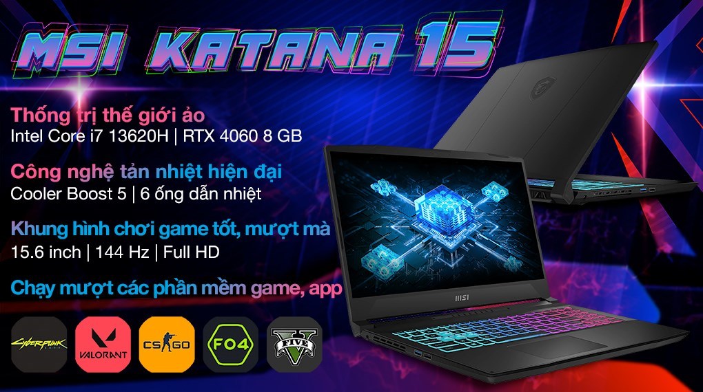 Laptop MSI Gaming Katana 15 B13VFK i7 13620H/16GB/1TB/8GB RTX4060/144Hz/Balo/Win11 (676VN) Laptop MSI Gaming Katana 15 B13VFK i7 13620H/16GB/1TB/8GB RTX4060/144Hz/Balo/Win11 (676VN)