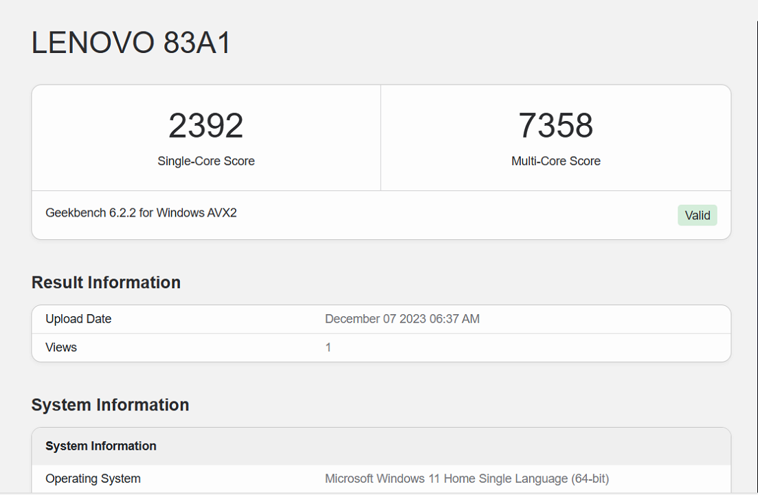 Điểm hiệu năng đơn nhân/đa nhân của Lenovo V15 R4 IRU được chấm bởi Geekbench 6