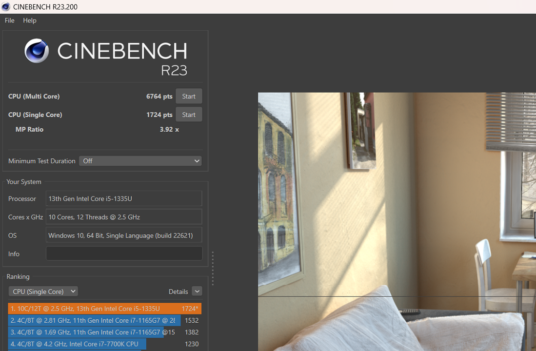Điểm hiệu năng đơn nhân/đa nhân của Lenovo V15 R4 IRU được chấp bởi Cinebench R23