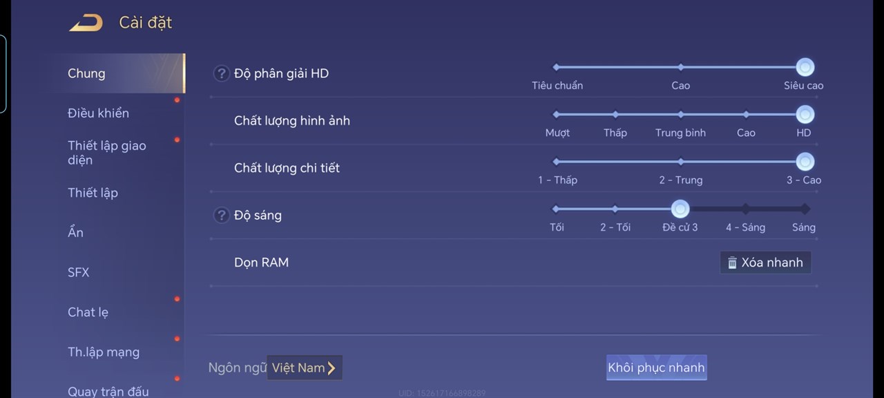 Thiết lập đồ họa Liên Quân Mobile mà mình sử dụng cho bài test trên Honor 90 5G. Thiết lập đồ họa Liên Quân Mobile mà mình sử dụng cho bài test trên Honor 90 5G.