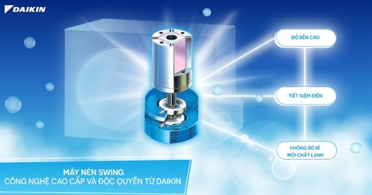 Điều hòa 2 chiều Daikin Inverter 11900 BTU FTHF35VAVMV sử dụng máy nén Swing giảm hao phí điện năng, tránh hao mòn và tăng tuổi thọ động cơ