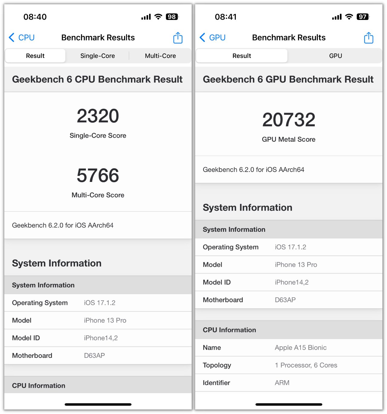 Điểm GeekBench 6 của iPhone 13 Pro sau 2 năm. Điểm GeekBench 6 của iPhone 13 Pro sau 2 năm.