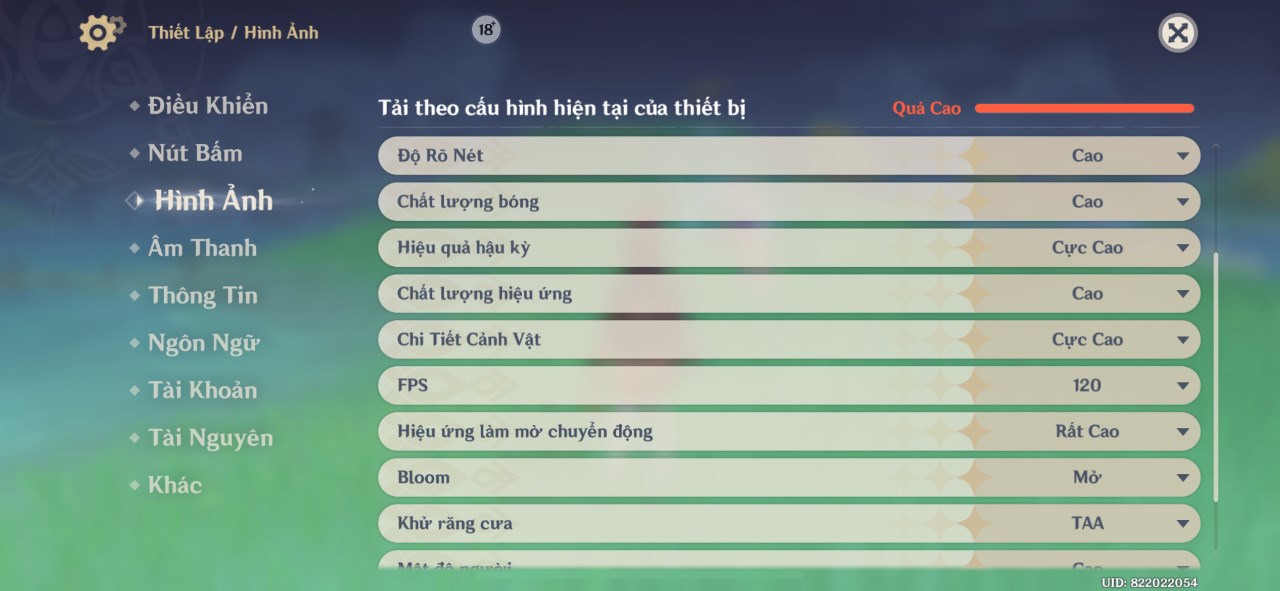 Thiết lập đồ họa trong Genshin Impact mà mình chỉnh được với iPhone 13 Pro. Thiết lập đồ họa trong Genshin Impact mà mình chỉnh được với iPhone 13 Pro.