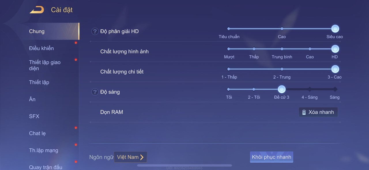 Thiết lập đồ họa trong Liên Quân Mobile mà mình dùng để test pin iPhone 13 Pro. Thiết lập đồ họa trong Liên Quân Mobile mà mình dùng để test pin iPhone 13 Pro.